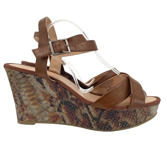 Mootsies Tootsies Molalitak Brown Snake Skin Wedge Sandals - Picture 1 of 10